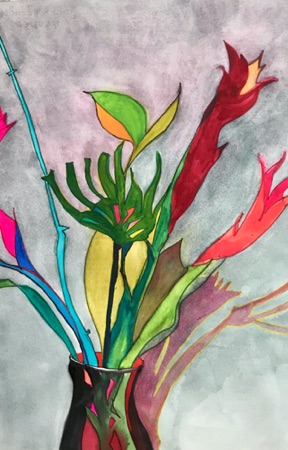 Fiery Flowers;
2019; watercolor, sharpie marker on paper, 22 x 15"